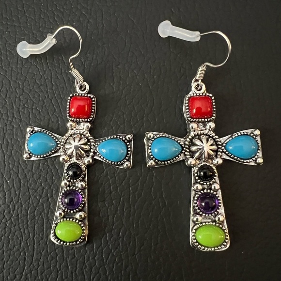 ❤️ Southwestern Multicolor Cross Stone Earrings Native Boho Tribal - Picture 1 of 4
